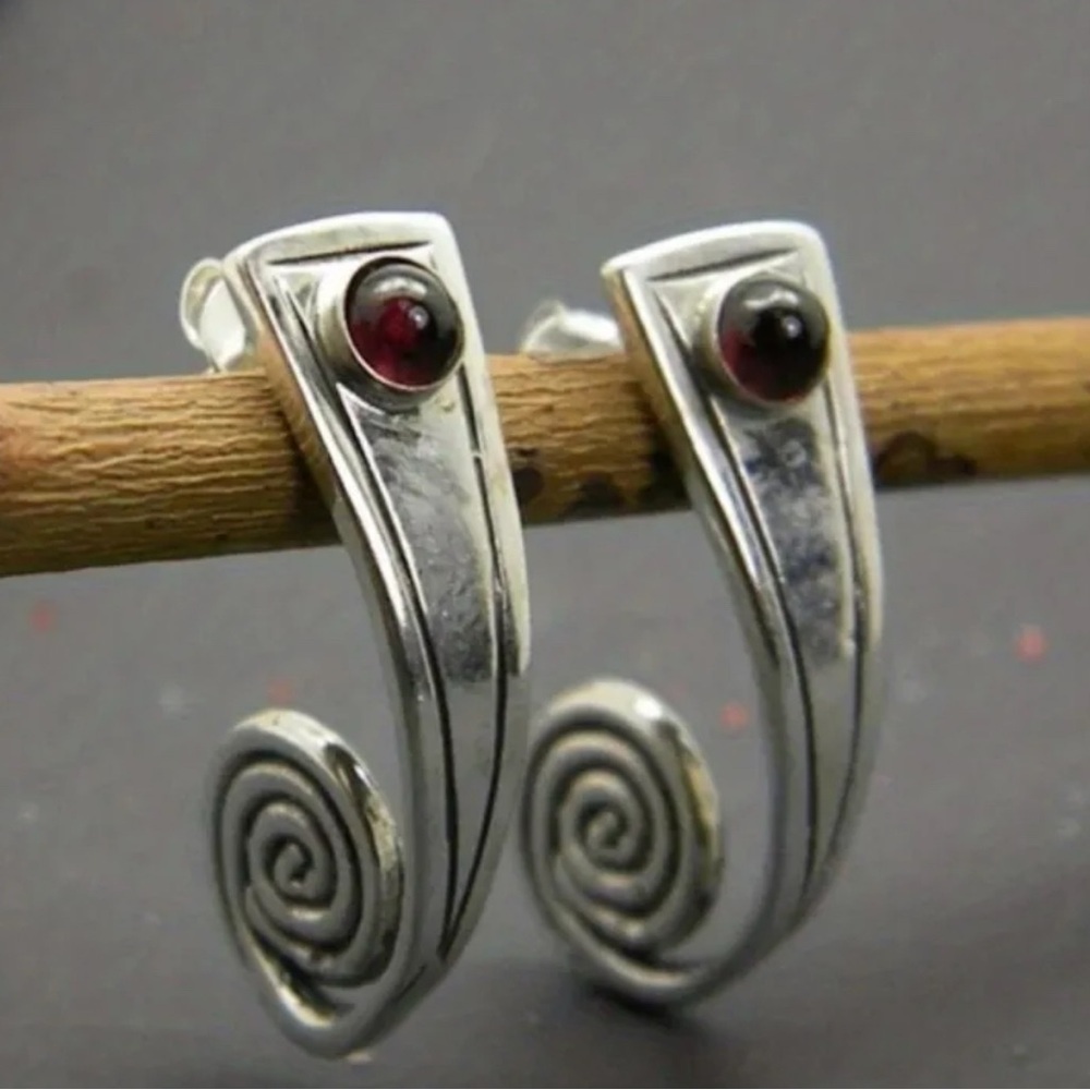 Elegant Silver Spiral Earrings with Red Accents